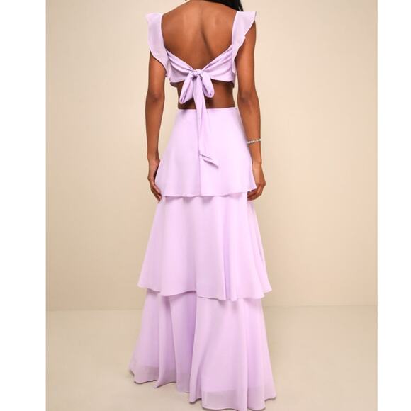 Lulus NWOT Elegant Event Lavender Woven Ruffled Tie-Back Tiered Maxi Dress - Picture 3 of 10